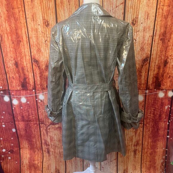 INC patent plaid raincoat size Large belted black white polyester trench jacket - Picture 4 of 8